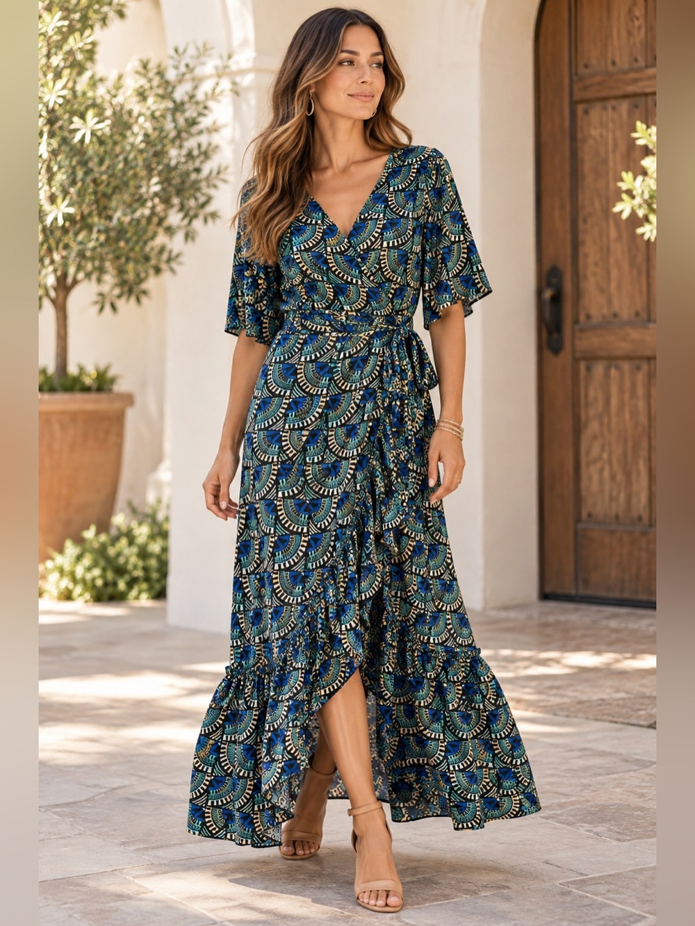 Silk & Salt Journey Maxi Wrap Dress L African Peacock Boho Blue Green Festival